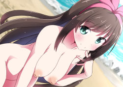 Rule 34 | 1girl, arm up, bad id, bad pixiv id, beach, blue eyes, blush, bow, breasts, brown hair, day, green eyes, hairband, hand on own face, inverted nipples, kizuna ai, kizuna ai inc., leaning forward, long hair, looking at viewer, medium breasts, naruse mai, navel, nipples, nude, ocean, pink bow, sand, smile, solo, standing, virtual youtuber, water