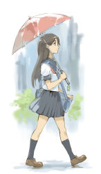 Rule 34 | 1girl, bag, black hair, from side, holding, long hair, original, school uniform, skirt, solo, tko (artist), tko (kkk66), umbrella, walking