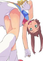 Rule 34 | 1girl, :o, acorn, antenna hair, bent over, blush stickers, bow, bowtie, brown hair, cameltoe, dress, female focus, from below, gloves, green eyes, highres, looking at viewer, open mouth, panties, pantyshot, picking up, renkin san-kyuu magical pokaan, satsuyo, simple background, solo, strapless, strapless dress, tube dress, underwear, upskirt, white background, white gloves, white legwear, white panties, yuuma (renkin san-kyuu magical pokaan)