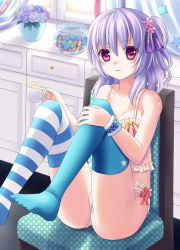 Rule 34 | 1girl, :3, ass, asymmetrical legwear, bare arms, bare shoulders, blue thighhighs, blush, breasts, camisole, candy, candy wrapper, chair, collarbone, cup, curtains, fingernails, flower pot, food, frills, hair between eyes, hand on own knee, highres, holding, ikeda yuuki, indoors, legs up, long hair, looking at viewer, md5 mismatch, midriff, mismatched legwear, mug, nail polish, one side up, original, panties, pink nails, plant, polka dot, potted plant, purple eyes, purple hair, red ribbon, ribbon, short hair, sitting, skindentation, solo, spaghetti strap, star (symbol), striped clothes, striped thighhighs, thighhighs, underwear, window, wristband