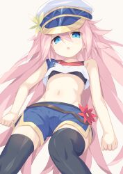 Rule 34 | 1girl, :o, absurdres, bare shoulders, belial (megido72), black thighhighs, blue eyes, blue shorts, flat chest, flower, grey background, hair between eyes, hat, highres, long hair, looking at viewer, megido72, nasuuni, pink hair, shorts, simple background, sleeveless, solo, thighhighs, very long hair, white hat