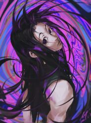 Rule 34 | 1boy, @ @, abstract background, arms behind back, back, bare shoulders, black hair, black sclera, black vest, closed mouth, colored sclera, floating hair, highres, hunter x hunter, illumi zoldyck, long hair, looking at viewer, looking back, louyan 0405, male focus, multicolored background, purple eyes, shirt, sleeveless, solo, spiral background, very long hair, vest