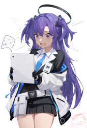 Rule 34 | 1girl, absurdres, doodle sensei (blue archive), belt, belt pouch, black gloves, black skirt, black vest, blue archive, blue hair, chinese commentary, collared shirt, commentary request, cowboy shot, gloves, halo, highres, holding, holding tablet pc, jacket, long hair, long sleeves, looking at object, mechanical halo, miniskirt, off shoulder, open clothes, open jacket, open mouth, pleated skirt, pouch, sensei (blue archive), shirt, simple background, skirt, solo, sukaliya, sweatdrop, tablet pc, thighs, two side up, vest, white background, white belt, white jacket, white shirt, yuuka (blue archive)