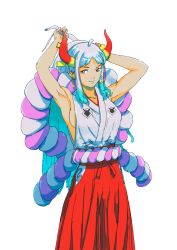 Rule 34 | 1girl, aqua hair, armpits, arms up, bare arms, breasts, cowboy shot, crowpencil, earrings, female focus, from side, hip vent, hoop earrings, horns, japanese clothes, jewelry, kimono, long hair, long skirt, looking at viewer, medium breasts, multicolored hair, one piece, orange eyes, red horns, red skirt, sideboob, sidelocks, skirt, sleeveless, sleeveless kimono, solo, standing, traditional clothes, two-tone hair, v-shaped eyebrows, white hair, yamato (one piece)