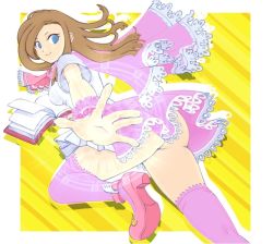 Rule 34 | 1girl, ascot, ass, back, blue eyes, book, breasts, brown hair, capelet, castlevania (series), castlevania: portrait of ruin, charlotte aulin, dragonrose, dress, frills, image sample, long hair, looking back, medium breasts, no panties, shirt, shoes, short sleeves, skirt, smile, solo, thighhighs