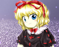 Rule 34 | 1girl, blonde hair, blue eyes, blush stickers, bow, bow choker, choker, closed mouth, hair between eyes, hair ribbon, medicine melancholy, medinki, official style, puffy short sleeves, puffy sleeves, red bow, red choker, red ribbon, ribbon, short hair, short sleeves, smile, solo, touhou, upper body, zun (style)