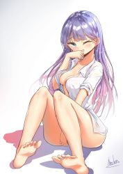 Rule 34 | 1girl, alswp5806, bare legs, barefoot, blue eyes, blush, breasts, cleavage, collared shirt, covered mouth, head tilt, highres, long hair, looking at viewer, medium breasts, naked shirt, one eye closed, open clothes, open shirt, original, purple hair, shirt, short sleeves, signature, sitting, sleeves pushed up, soles, solo, very long hair, white shirt