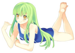 Rule 34 | 00s, 1girl, :t, barefoot, c.c., code geass, eating, face, feet, food, food on face, green hair, long hair, lying, mozu (modagoro), on stomach, one-piece swimsuit, solo, swimsuit, yellow eyes