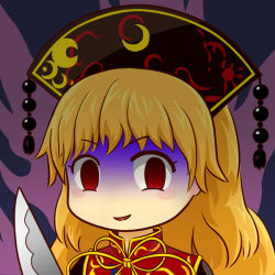Rule 34 | 1girl, black dress, blonde hair, chinese clothes, dress, junko (touhou), kitchen knife, knife, long hair, meme, okema, red eyes, shaded face, solo, tabard, touhou