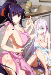 Rule 34 | 2girls, absurdres, antenna hair, apron, ass, back, black hair, blue eyes, breasts, butt crack, cleavage, covered erect nipples, cream, hair ribbon, high school dxd, high school dxd hero, highres, himejima akeno, kitchen, koikawa shinpei, large breasts, long hair, looking at viewer, megami magazine, multiple girls, naked apron, official art, one eye closed, panties, purple eyes, ribbon, rossweisse, sideboob, silver hair, sitting, smile, standing, underwear, very long hair