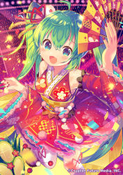 Rule 34 | 1girl, :d, ahoge, arm up, bamboo, blue eyes, commentary, commentary request, copyright notice, detached sleeves, folding fan, glowstick, green hair, hair between eyes, hair ribbon, hand fan, hatsune miku, hatsune miku graphy collection, highres, holding, holding fan, ikari (aor3507), japanese clothes, kadomatsu, kimono, kimono skirt, lolita fashion, long hair, long sleeves, nail polish, new year, obi, official art, open mouth, over-kneehighs, red kimono, red nails, red ribbon, red sleeves, ribbon, ribbon-trimmed legwear, ribbon trim, sash, sleeveless, sleeveless kimono, smile, solo, standing, standing on one leg, thighhighs, twintails, very long hair, vocaloid, wa lolita, watermark, white thighhighs, wide sleeves