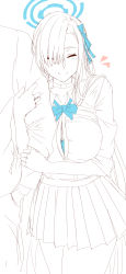 Rule 34 | 1boy, 1girl, arm hug, asuna (blue archive), blue archive, blue neckwear, breasts, choker, closed eyes, closed mouth, dress shirt, hair over one eye, halo, hashimoto (frog flag), highres, large breasts, lineart, long hair, mole, mole on breast, pleated skirt, shirt, skirt, smile, spot color, thighs