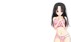 Rule 34 | 1girl, akuyome! akuma na yome ni shiborareru, ayame (akuyome), black hair, blush, breast press, breasts, cleavage, game cg, huge breasts, legs, long hair, looking at viewer, navel, open mouth, panties, red eyes, simple background, smile, solo, standing, super dry (super dry rr), thighs, underwear
