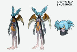 Rule 34 | 00s, 1girl, absurdres, aqua eyes, aqua hair, ass, breasts, character name, character sheet, claws, close-up, curvy, digimon, digimon frontier, elbow gloves, facial mark, gauntlets, gloves, harpy, head wings, high collar, highleg, highleg panties, highres, large breasts, mask, midriff, monster girl, multiple views, navel, official art, panties, revealing clothes, shiny skin, shoulder pads, shutumon, thighhighs, thong, underwear, wide hips, wings