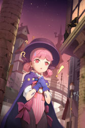 Rule 34 | !, ?, bat (animal), bird, black thighhighs, cape, conundrum, crescent conundrum, crow, gloves, glowing, glowing eyes, hair rings, hands on own chest, hat, lamppost, lowres, night, open mouth, outdoors, pink eyes, pink hair, pocket watch, ribbon, short sleeves, solo, star (symbol), striped, sweatdrop, sword girls, tattoo, thighhighs, top hat, watch