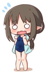 Rule 34 | 1girl, absurdres, bare legs, barefoot, blue jacket, blue one-piece swimsuit, blush, breasts, brown hair, character request, chibi, colored shadow, covered navel, flying sweatdrops, full body, hana kazari, highres, jacket, long hair, looking at viewer, o o, old school swimsuit, one-piece swimsuit, open clothes, open jacket, open mouth, pointy ears, princess connect!, school swimsuit, shadow, short sleeves, sidelocks, small breasts, solo, standing, swimsuit, very long hair, wavy mouth, white background