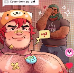 Rule 34 | 2boys, bandaid, bandaid on cheek, bandaid on face, bandaid on nose, bara, beard, belly, blush, bulge, chest hair, cover them up slut (meme), facepalm, facial hair, fat, fat man, green hair, grey shorts, hair slicked back, hat, highres, large pectorals, looking at viewer, male focus, meme, midriff peek, momo (imaboii666), mouth hold, multiple boys, muscular, muscular male, navel, navel hair, nipples, nyan, object on pectorals, original, pectoral focus, pectorals, red hair, short hair, shorts, solo, thick eyebrows, topless male, upper body