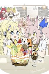 Rule 34 | 4girls, alternate costume, animal ears, blonde hair, blue eyes, cafe, cat ears, cat girl, cellphone, dessert, dragon girl, dragon horns, dragonmaid (yu-gi-oh!), duel monster, ecclesia (yu-gi-oh!), excited, facial mark, food, forehead mark, fruit, highres, horns, hungry, incredible ecclesia the virtuous, kitchen dragonmaid, kitt (yu-gi-oh!), maid, melon, multiple girls, oversized food, oversized object, parfait, parlor dragonmaid, phone, pink hair, ponytail, red hair, school uniform, sitting, smartphone, sparkling eyes, spoon, synchroman, table, tri-brigade kitt, twintails, watermelon, yellow eyes, yu-gi-oh!