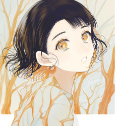 Rule 34 | 1girl, absurdres, artist name, bare tree, earrings, face, from side, grin, highres, jewelry, looking at viewer, multicolored shirt, orange eyes, orange shirt, original, shirt, short hair, smile, sogawa, solo, teeth, tree, white shirt