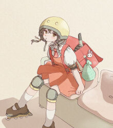 1girl absurdres backpack bag black_hair blush brown_eyes brown_footwear collared_shirt dress floating_hair flute foot_out_of_frame helmet highres instrument kaai_yuki knee_pads kneehighs leaning_forward long_hair looking_at_viewer low_twintails mary_janes necktie on_bench pinafore_dress randoseru recorder red_dress red_necktie roller_skates sabaku_(saba9) shirt shoes short_dress short_necktie simple_background sitting skates sleeveless sleeveless_dress socks solo traditional_media twintails vocaloid watercolor_pencil_(medium) white_background white_shirt white_socks