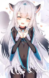 Rule 34 | 1girl, absurdres, animal ears, azur lane, blush, bodysuit, clenched hands, closed eyes, commentary request, hair ornament, happy, highres, miyuki (azur lane), navel, open mouth, pekoli, simple background, smile, solo, white background, white hair