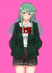 Rule 34 | 1girl, artist name, black skirt, c-da, collarbone, collared shirt, commentary, cowboy shot, dated, green eyes, green hair, green hoodie, hair ornament, hair over shoulder, hairclip, hands in pockets, highres, hood, hood down, hooded jacket, hoodie, jacket, kantai collection, long hair, looking to the side, open clothes, open jacket, pink background, pink lips, pleated skirt, shirt, simple background, skirt, solo, suzuya (kancolle), twitter username, white shirt