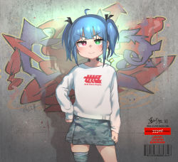 Rule 34 | 1girl, :&gt;, atte nanakusa, barcode, blue hair, blush, bright pupils, closed mouth, contrapposto, cowboy shot, earpiece, female focus, green eyes, grey skirt, grey thighhighs, hand on own hip, heterochromia, highres, long sleeves, looking at viewer, miniskirt, original, pink eyes, ringed eyes, shirt, single thighhigh, skirt, smile, solo, thighhighs, twintails, white pupils, white shirt