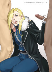 Rule 34 | 1girl, 2boys, azasuke, blonde hair, blue eyes, breasts, censored, clothed female nude male, coat, cum, cum in mouth, cum on body, cum on clothes, cum on hair, cum on upper body, dark skin, erection, facial, fullmetal alchemist, fur trim, gloves, groin, group sex, hair over one eye, handjob, highres, kneeling, legs, lips, long hair, looking at viewer, military, military uniform, mosaic censoring, multiple boys, nude, olivier mira armstrong, open mouth, penis, pink lips, signature, simple background, standing, thick lips, thighs, uniform, white gloves