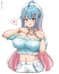 Rule 34 | 1girl, :d, absurdres, ahoge, bare shoulders, beret, blue choker, blue hair, blue shirt, character request, choker, commentary, copyright request, crop top, frilled shirt, frills, gradient hair, hair ornament, hat, heart, heart hair ornament, heart hands, highres, long hair, looking at viewer, midriff, multicolored hair, navel, off-shoulder shirt, off shoulder, open mouth, pants, pinepin, pink hair, puffy short sleeves, puffy sleeves, red eyes, shirt, short sleeves, simple background, smile, solo, spoken heart, stomach, two side up, upper body, very long hair, virtual youtuber, white background, white hat, white pants