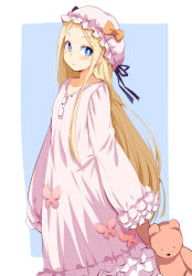 Rule 34 | 1girl, abigail williams (fate), black bow, black ribbon, blonde hair, blush, bow, chata maru (irori sabou), collarbone, commentary request, fate/grand order, fate (series), hat, hat bow, highres, holding, holding stuffed toy, long hair, looking at viewer, orange bow, pajamas, parted bangs, ribbon, sleeves past fingers, sleeves past wrists, solo, stuffed animal, stuffed toy, teddy bear, white hat