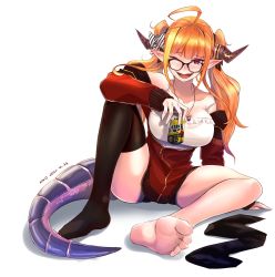 Rule 34 | 1girl, ahoge, alcohol, arm rest, artist name, bare shoulders, barefoot, black ribbon, black thighhighs, blonde hair, blunt bangs, blush, bow, breasts, camisole, can, cleavage cutout, clothing cutout, collarbone, commentary, dated, diagonal-striped bow, dragon girl, dragon horns, dragon tail, ear blush, english commentary, fang, feet, full body, hair intakes, hair ribbon, highres, holding, holding can, hololive, horn bow, horn ornament, horns, jacket, jewelry, kiryu coco, kiryu coco (loungewear), kivo, knee up, large breasts, long hair, looking at viewer, multicolored eyes, multicolored hair, no shoes, off shoulder, official alternate costume, one eye closed, open mouth, orange hair, partially unzipped, pendant, pointy ears, purple eyes, red eyes, red jacket, ribbon, scales, simple background, single thighhigh, sitting, skin fang, soles, solo, spaghetti strap, spread legs, strap slip, streaked hair, striped, striped bow, strong zero, tail, thighhighs, track jacket, twintails, unworn thighhighs, virtual youtuber, white background, white camisole, zipper pull tab