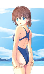 Rule 34 | ass, back, beach, blue eyes, blue sky, blush, breasts, brown hair, competition swimsuit, genderswap, hands on ass, highres, looking back, medium breasts, ocean, one-piece swimsuit, open mouth, short hair, sky, swimsuit, to love-ru, yuusaki riko