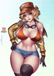 Rule 34 | 10s, 1girl, artist name, bare shoulders, bikini, bikini top only, blonde hair, bokuman, breasts, cidney aurum, cleavage, curvy, covered erect nipples, final fantasy, final fantasy xv, gloves, goggles, goggles around neck, green eyes, hat, jacket, large breasts, looking at viewer, midriff, navel, parted lips, short shorts, shorts, simple background, smile, solo, square enix, swimsuit, thick thighs, thighhighs, thighs, wide hips