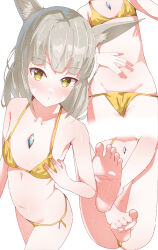 Rule 34 | 1girl, absurdres, animal ear fluff, animal ears, barefoot, bikini, blush, breasts, brown hair, cat ears, cat tail, chest jewel, closed mouth, collarbone, core crystal (xenoblade), dot mouth, highres, long hair, looking at viewer, multiple views, navel, nia (blade) (xenoblade), nia (xenoblade), simple background, small breasts, soles, solo, stomach, swimsuit, tail, toes, vanssey, white background, xenoblade chronicles (series), xenoblade chronicles 2, yellow bikini, yellow eyes