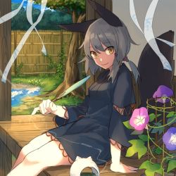 Rule 34 | 1girl, animal ears, arm support, beads, black dress, chorefuji, cloud, day, dress, fence, flower, grass, grey hair, hair beads, hair ornament, holding, looking at viewer, looking to the side, medium hair, original, outdoors, pond, ribbon, sitting, sky, smile, solo, tail, tree, water, wood, wooden floor, yellow eyes