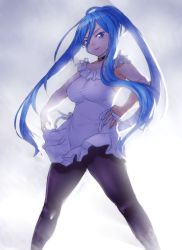 Rule 34 | 10s, 1girl, aoki hagane no arpeggio, blue eyes, blue hair, breasts, covered erect nipples, gradient background, hands on own hips, light, long hair, matching hair/eyes, medium breasts, mole, mole under mouth, onsoku inu, pantyhose, ponytail, solo, standing, takao (aoki hagane no arpeggio)