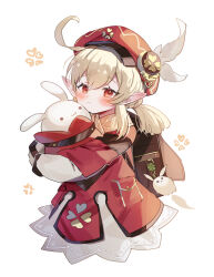 Rule 34 | 1girl, ahoge, armband, backpack, bag, bag charm, blonde hair, blush, charm (object), clover, dress, genshin impact, hat, hat feather, highres, holding, jumpy dumpty, klee (genshin impact), long hair, long sleeves, looking at viewer, low twintails, orange eyes, pointy ears, solo, sorani (kaeru0768), tearing up, twintails, upper body