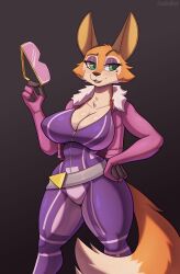 Rule 34 | 2020, absurdres, animal ears, artist name, belt, bodysuit, breasts, cleavage, cooliehigh, eyelashes, eyeshadow, eyewear on hand, female focus, fox ears, fox girl, fox tail, fur trim, furry, furry female, goggles, green eyes, hand on own hip, highres, holding, holding glasses, holding goggles, huge breasts, jacket, looking at viewer, makeup, meika (rimba racer), orange fur, pink jacket, purple bodysuit, purple eyeshadow, purple skinsuit, rimba racer, skinsuit, tail, thick thighs, thighs, tight clothes, wide hips
