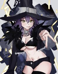 Rule 34 | 1girl, :3, artist name, bandeau, black shorts, blair (soul eater), breasts, cleavage, collar, cropped legs, fingernails, foreshortening, grey background, hat, highres, large breasts, lightning, midriff, navel, one eye closed, purple hair, short shorts, shorts, signature, solo, soul eater, strapless, teasugarr, thighhighs, tongue, tube top, witch hat