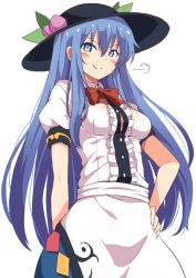 Rule 34 | 1girl, arm at side, black hat, blue eyes, breasts, center frills, food, frills, fruit, hair between eyes, hand on own hip, hat, hinanawi tenshi, long hair, looking at viewer, medium breasts, neck ribbon, peach, puff of air, puffy short sleeves, puffy sleeves, red ribbon, ribbon, shimouki izui, short sleeves, simple background, smile, smug, solo, touhou, v-shaped eyebrows, very long hair, white background