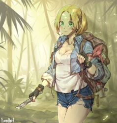 Rule 34 | 1girl, arm scarf, artist name, backpack, bag, black gloves, blonde hair, blue jacket, blue shorts, breasts, brown bag, cleavage, closed mouth, collared jacket, commentary, cowboy shot, cropped jacket, english commentary, fingerless gloves, gloves, green eyes, hair ornament, hairclip, holding, holding knife, jacket, knife, long sleeves, looking at viewer, medium breasts, open clothes, open jacket, original, outdoors, parted bangs, red scarf, ribbed shirt, scarf, shirt, short hair, shorts, skinnysloth, solo, thermos, torn clothes, torn shorts, white shirt