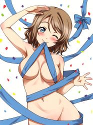 Rule 34 | 1girl, absurdres, arm up, armpits, blue eyes, blush, breasts, brown hair, convenient censoring, highres, large breasts, looking at viewer, love live!, love live! sunshine!!, mouth hold, naked ribbon, navel, nude, one eye closed, ribbon, salute, sankuro (agoitei), scan, short hair, simple background, stomach, watanabe you, white background