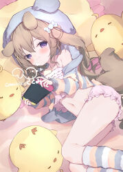 Rule 34 | 1girl, animal ear headwear, animal ears, azur lane, bare shoulders, bloomers, blue cardigan, blush, brown hair, camisole, candy hair ornament, cardigan, child, closed mouth, collarbone, commentary request, commission, crescent, crescent hair ornament, crop top, crossed bangs, dog ears, dog girl, dog tail, fake animal ears, fang, flat chest, food-themed hair ornament, frills, game console, hair between eyes, hair ornament, hairclip, handheld game console, hatosasami, highres, holding, holding handheld game console, hood, hood up, hooded cardigan, kneehighs, long hair, long sleeves, lying, manjuu (azur lane), midriff, nagatsuki (azur lane), navel, nintendo switch, on side, pink bloomers, pink camisole, playing games, puffy long sleeves, puffy sleeves, purple eyes, skeb commission, skin fang, socks, solo, spaghetti strap, striped cardigan, striped clothes, striped socks, tail, thighs, twintails, underwear