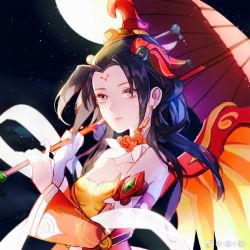 Rule 34 | 1girl, alternate hair color, alternate hairstyle, black hair, breasts, chinese clothes, cleavage, detached sleeves, facial mark, forehead mark, full moon, hagoromo, hair ornament, medium breasts, mercy (overwatch), moon, official alternate costume, oil-paper umbrella, overwatch, overwatch 1, road 233, shawl, smile, solo, umbrella, upper body, wide sleeves, zhuque mercy