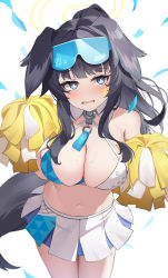 Rule 34 | 1girl, absurdres, animal ears, bare shoulders, black hair, blue archive, blue eyes, blush, breasts, cheerleader, cleavage, collarbone, confetti, cowboy shot, dog ears, dog girl, dog tail, eyewear on head, goggles, goggles on head, halo, hibiki (blue archive), hibiki (cheer squad) (blue archive), highres, holding, holding pom poms, jbell, large breasts, long hair, looking at viewer, midriff, millennium cheerleader outfit (blue archive), miniskirt, navel, official alternate costume, open mouth, pleated skirt, pom pom (cheerleading), pom poms, skirt, solo, sunglasses, tail, very long hair, white skirt