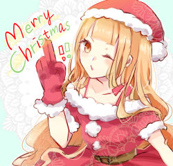 Rule 34 | 1girl, :o, belt, blonde hair, blue background, dress, gloves, hair between eyes, hat, highres, long hair, looking at viewer, one eye closed, open mouth, red dress, red gloves, red riding hood (sinoalice), rico tta, santa costume, santa dress, santa gloves, santa hat, sinoalice, solo, two-tone background, white background, yellow eyes