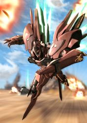 Rule 34 | armor, blue sky, blurry, day, embers, energy, explosion, fire, glowing, glowing wings, mecha, military, military vehicle, motion blur, motor vehicle, no humans, outdoors, r shotaro, robot, sky, solo, speed lines, tank, weltall-id, wings, xenogears