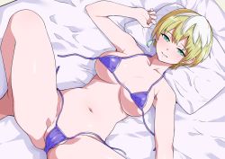 Rule 34 | 1girl, bikini, blonde hair, breasts, collarbone, commentary request, earrings, green eyes, hand up, haruhisky, head on pillow, indoors, izumo tenka, jewelry, knee up, large breasts, looking at viewer, lying, mato seihei no slave, micro bikini, multicolored hair, navel, on back, on bed, pillow, purple bikini, short hair, smile, solo, spread legs, stomach, string bikini, swimsuit, thighs, two-tone hair, untied bikini, white hair