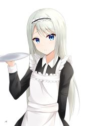 Rule 34 | 1girl, absurdres, alternate costume, apron, arm at side, black dress, blue eyes, blush, closed mouth, commentary request, dress, enmaided, frilled apron, frills, hand up, highres, holding, holding tray, kaguya-sama wa kokurasetai ~tensai-tachi no renai zunousen~, light frown, long hair, long sleeves, looking at viewer, maid, maid apron, maid headdress, shiiki, shirogane kei, signature, simple background, solo, tray, upper body, white apron, white background
