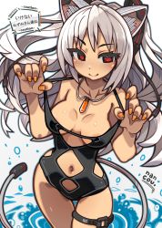 Rule 34 | 1girl, animal ears, breasts, claw pose, clothes pull, clothing cutout, commission, cowboy shot, dark-skinned female, dark skin, dutch angle, grey hair, headgear, highres, jewelry, long hair, looking at viewer, medium breasts, nail polish, nancou (nankou), navel, navel cutout, one-piece swimsuit, one-piece swimsuit pull, orange nails, original, pendant, red eyes, smile, solo, speech bubble, swimsuit, tail, thigh strap, underboob cutout